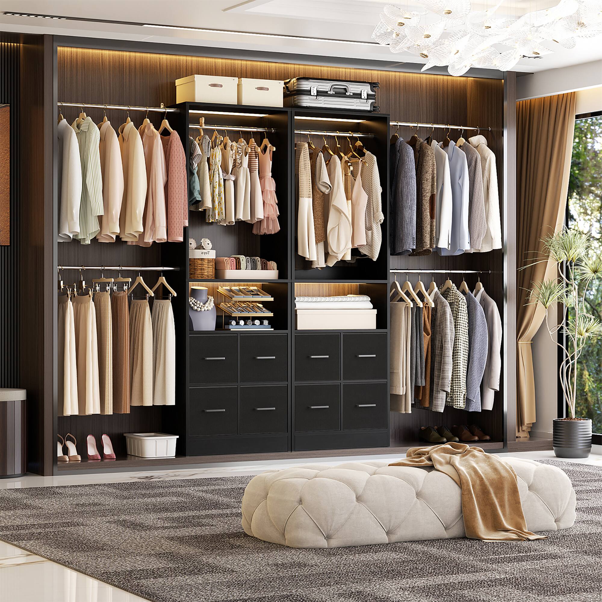 Angle. Aheaplus - 25'' - 104'' Adjustable Closet Organizer System, Walk-in Hanging Closet with 4 Fabric Drawers and 3 Hanging Rods - Black.