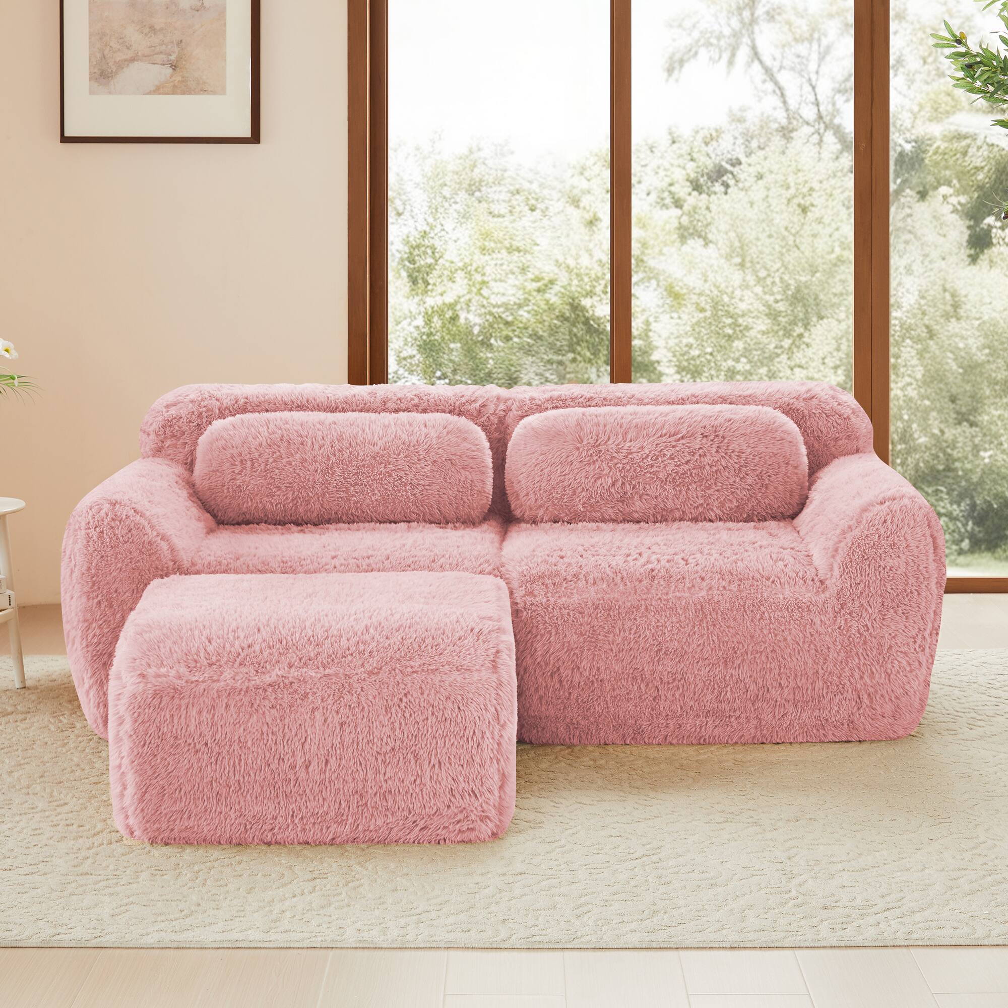 Angle. Aukfa - L-Shaped Boneless Sofa - Soft Fluffy Plush Fabric with Chaise, 32D High Density Sponge, No Assembly Required - Pink.