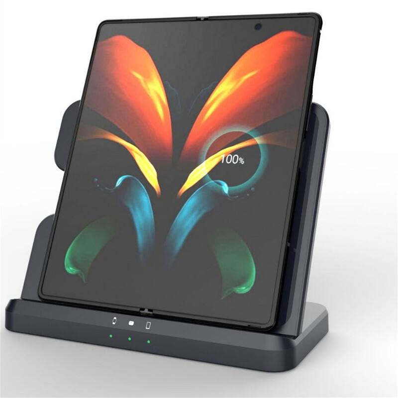 Angle. RISOKEYS - 15W Desktop 3-in-1 Wireless Charger - Vertical, Fast Charging, Compatible with Samsung Phones and Watches - White.