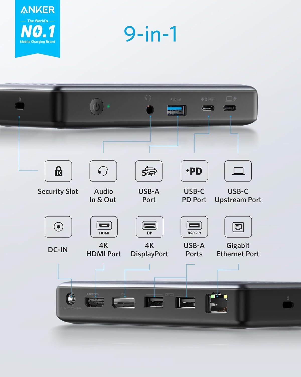 Anker USB C Docking Station, PowerExpand 9 in 1 USB C PD Dock Gray