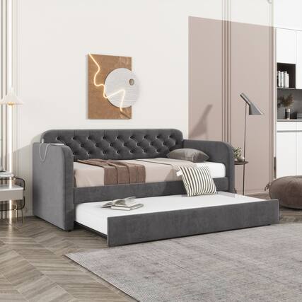 Front. Trinkets Crazed - Twin Size Upholstered Daybed with Trundle and USB Charging Design, Velvet Upholstered Daybed Frame, Twin Sofa Bed - Grey.