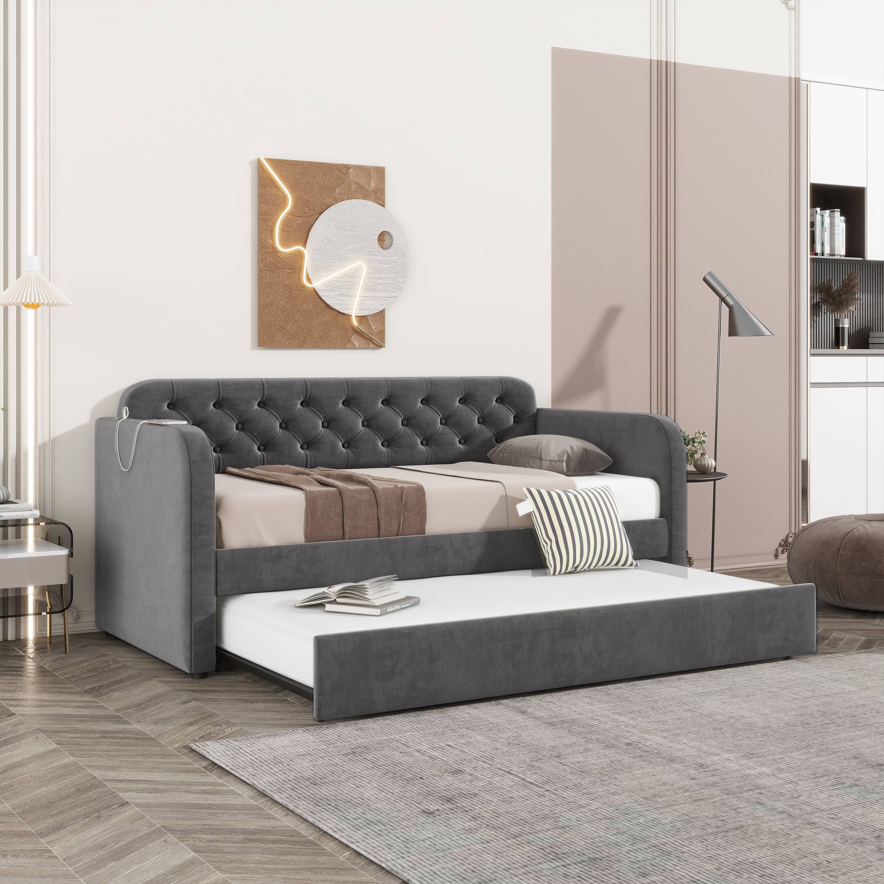 Front. Trinkets Crazed - Twin Size Upholstered Daybed with Trundle and USB Charging Design, Velvet Upholstered Daybed Frame, Twin Sofa Bed - Grey.