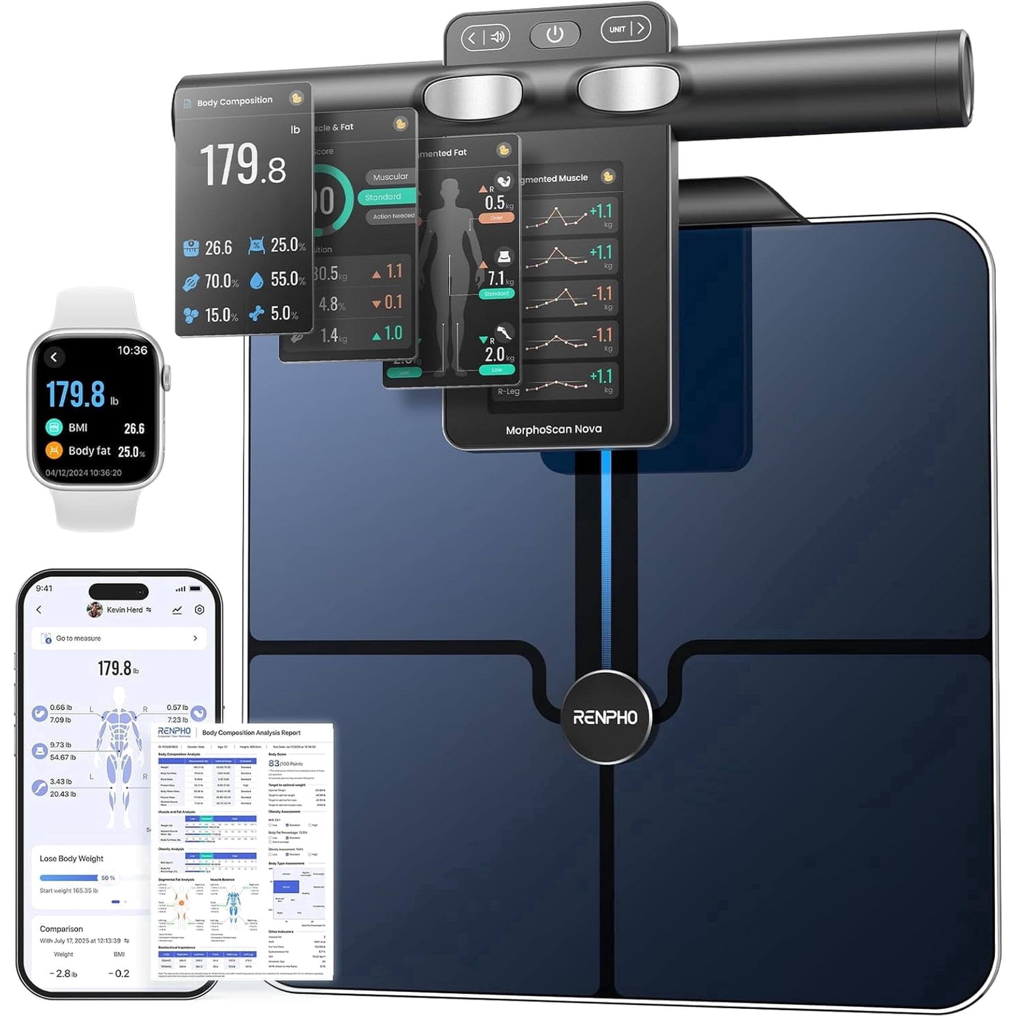 Body Composition  
179.8 lb  
BMI 26.6  
Body fat 25.0%  

Muscular  
Standard  
Action needed  

0.5 kg  
7.1 kg  
2.0 kg  

1.1  
-0.1  
1.0  

15.0%  
5.0%  
4.8%  
1.4%  

MorphoScan Nova  
04/12/2024 10:36:20  

RENPHO  
Body Composition Analysis Report  
179.8 lb  
BMI 26.6  
Body fat 25.0%  

Comparison  
Weight: -2.8 lb  
BMI: -0.2