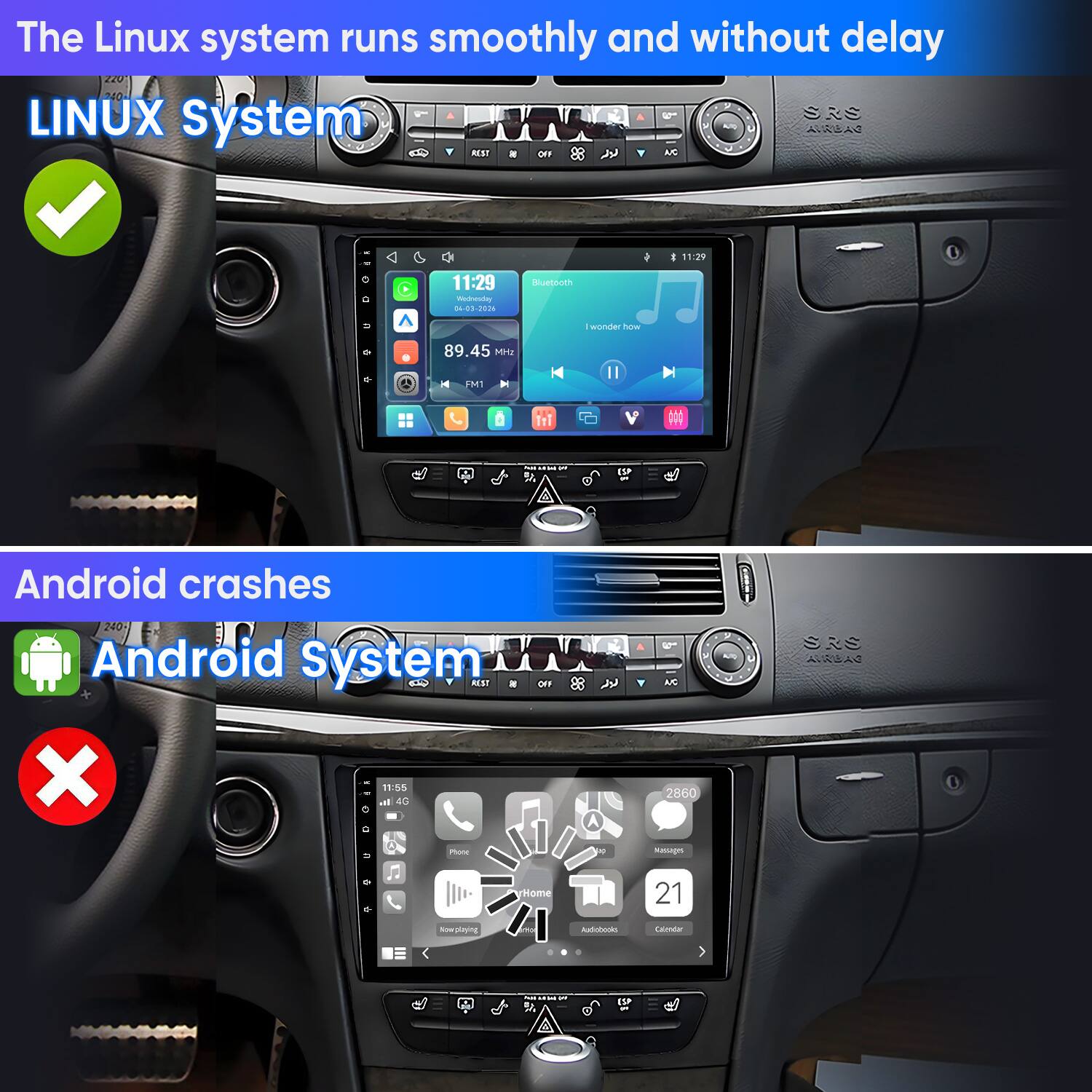 The Linux system runs smoothly and without delay

LINUX System

Android crashes

Android System