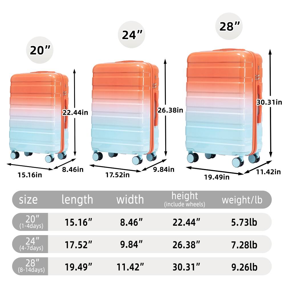 Ropilly 3 Piece Luggage Set PC Hard Shell Suitcase Gradient Color 20/24 ...
