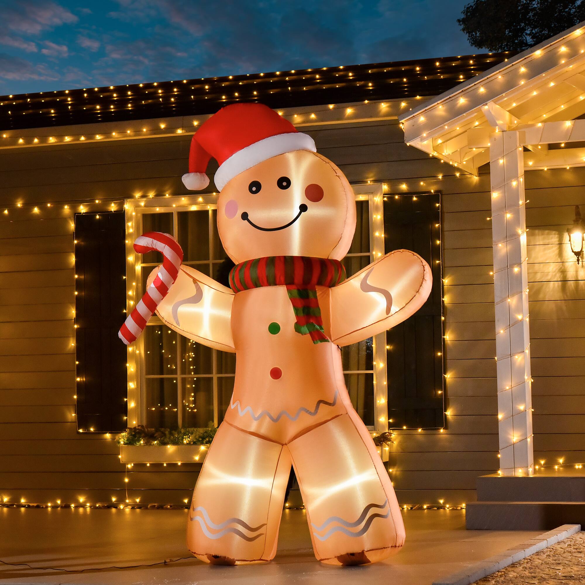 Alt View 1. Homcom - 8ft Inflatable Gingerbread Man with Candy Cane, Outdoor Blow-Up Yard Decoration with LED Lights - Brown.