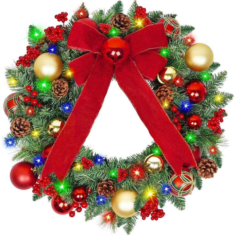 Front. RTMB - 22" Pre-Lit Christmas Wreath w/ 60 Lights, Red Bow & Battery Timer - Multicolor.