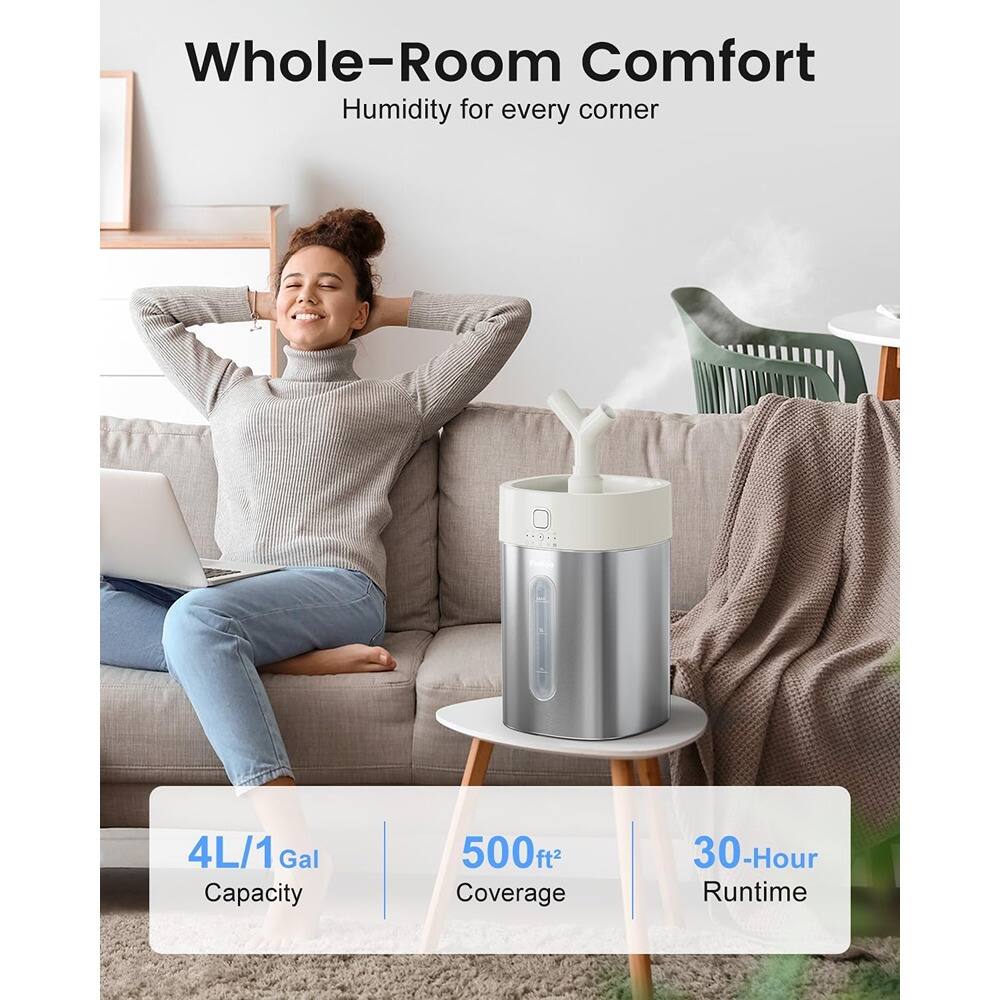 Whole-Room Comfort  
Humidity for every corner  

4L/1 Gal Capacity  
500ft² Coverage  
30-Hour Runtime