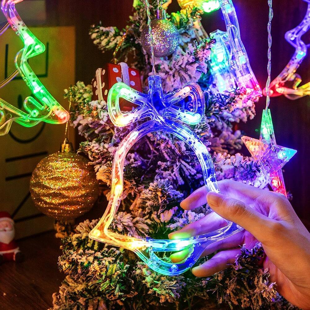 Alt View 1. MOSZAR LLC - 120-LED Colorful Christmas Curtain Lights 9.84ft Tree, Bell & Star.