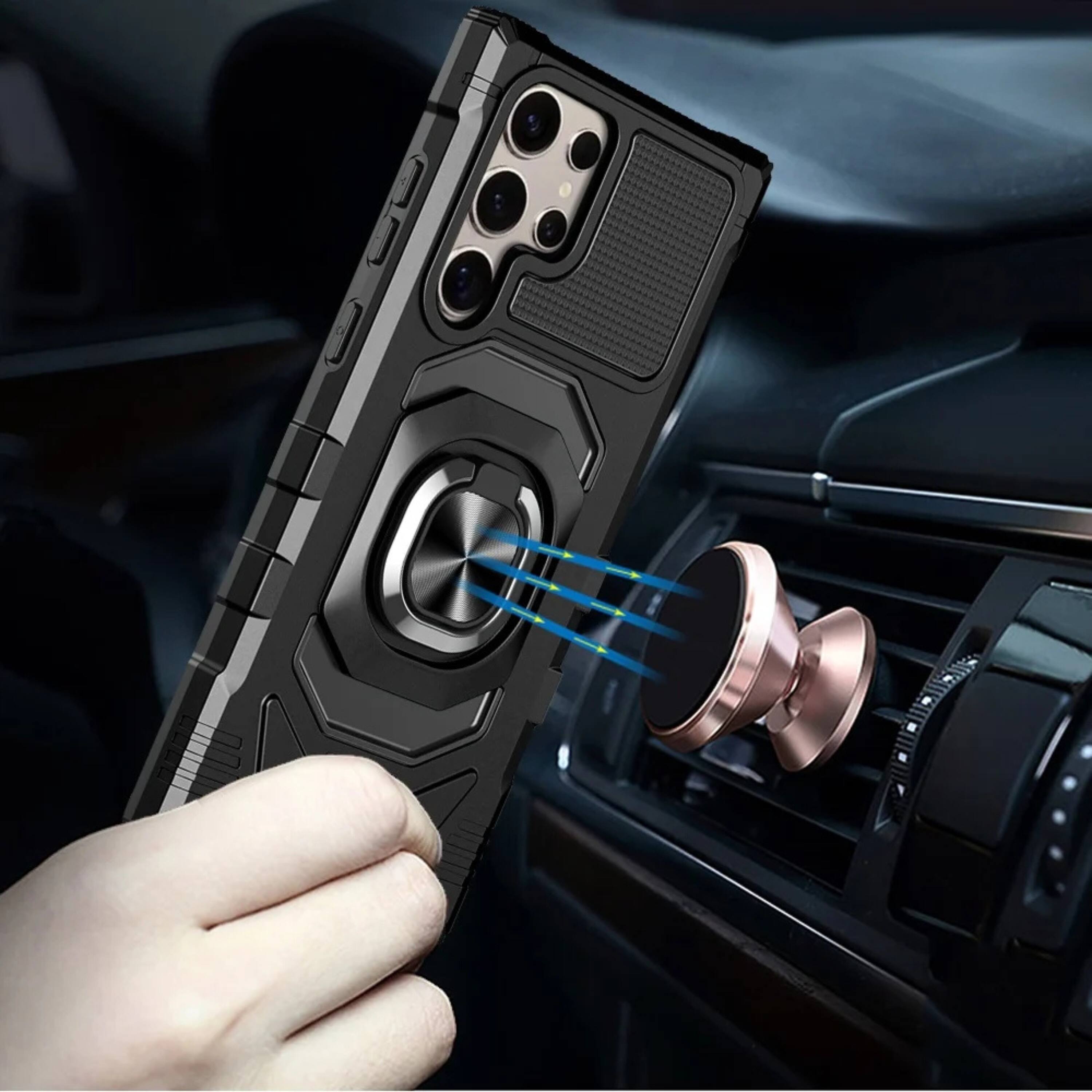 Angle. Kitcheniva - Shockproof Dual Layer Magnetic Ring Stand Case With Tempered Glass For Samsung S25 Ultra Black - Black.