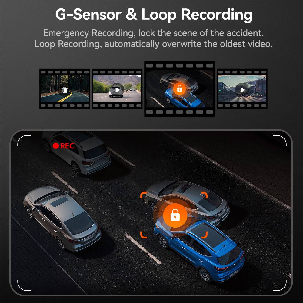 G-Sensor & Loop Recording

Emergency Recording, lock the scene of the accident. Loop Recording, automatically overwrite the oldest video.