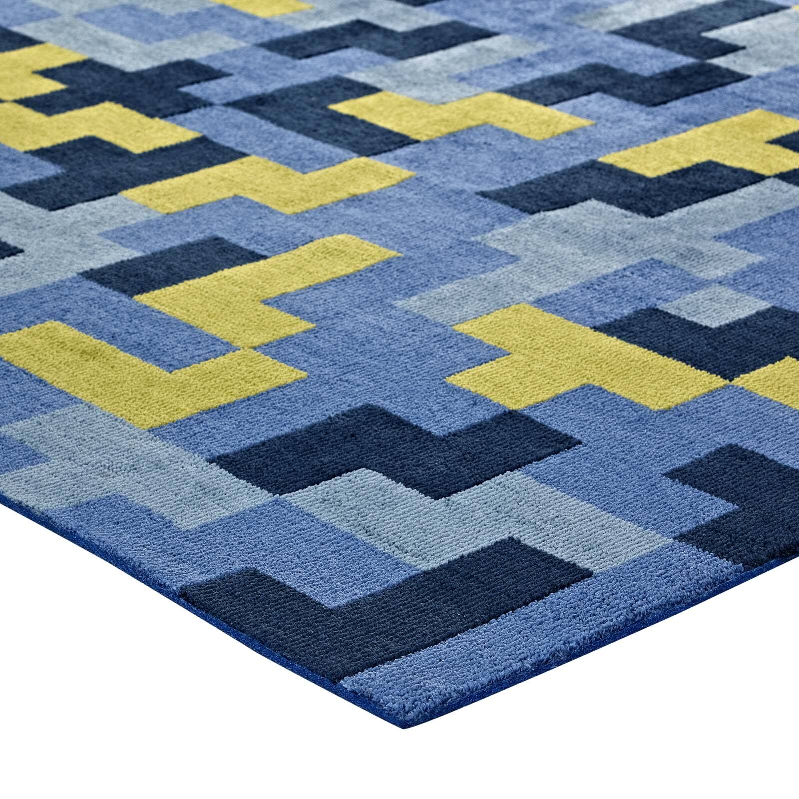 Back. Modway - Andela Interlocking Block Mosaic Area Rug - Multicolored Blue and Light Olive Green.