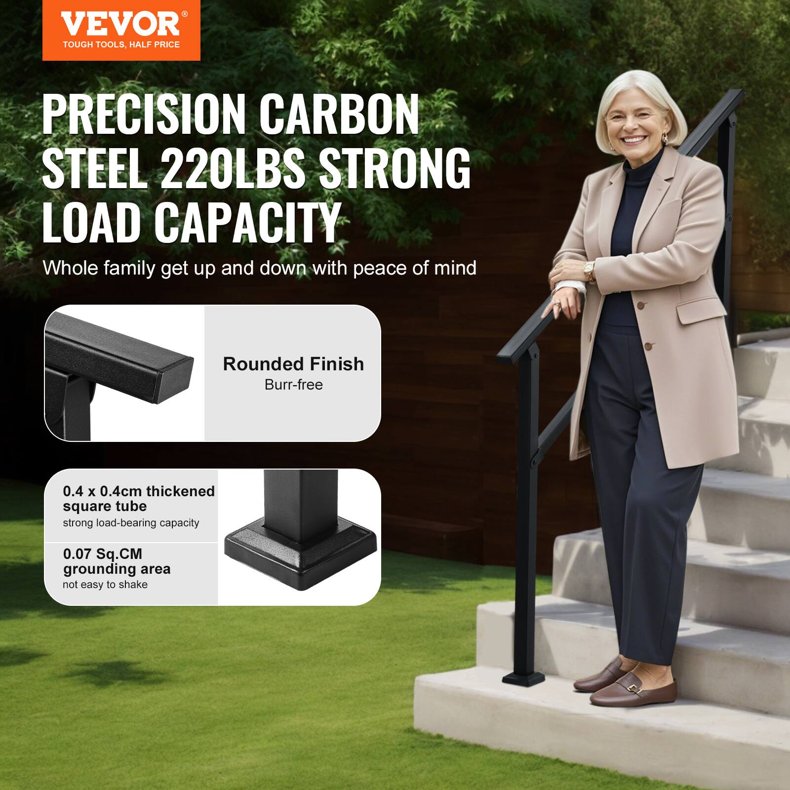 VEVOR TOUGH TOOLS, HALF PRICE
PRECISION CARBON STEEL 220LBS STRONG LOAD CAPACITY
Whole family get up and down with peace of mind
Rounded Finish
Burr-free
0.4 x 0.4cm thickened square tube
strong load-bearing capacity
0.07 Sq.CM grounding area
not easy to shake