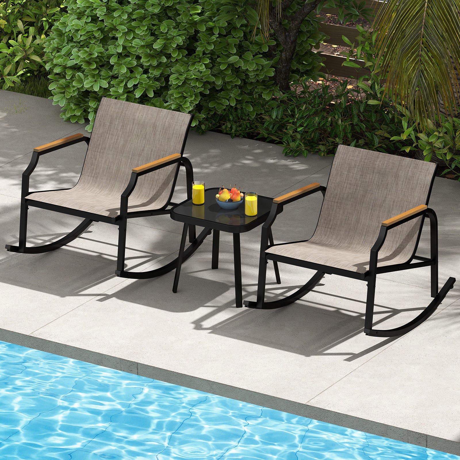 Costway - 3 PCS Rocking Bistro Set Outdoor Conversation Set with Porch Rocking Chairs - Brown