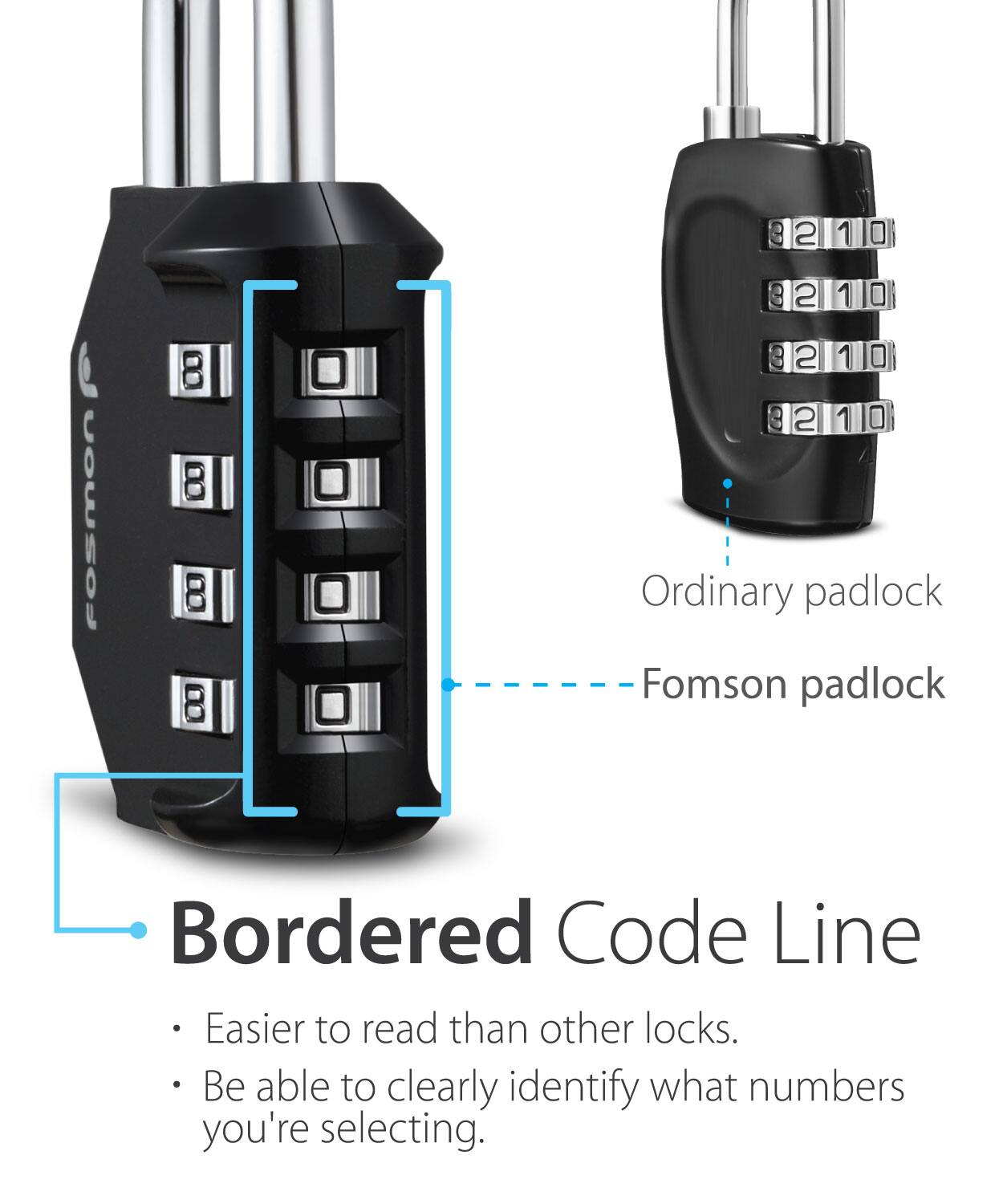 Ordinary padlock: 32110 8 2 1 0
Fomson padlock: 8 8 8 321110 2 1 32110 8 2 1 0 321110
Bordered Code Line: Easier to read than other locks. Be able to clearly identify what numbers you're selecting.