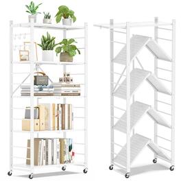 Sugift - 5-Tier Foldable Storage Shelves, Metal Storage Rack with Wheels and Hooks - White