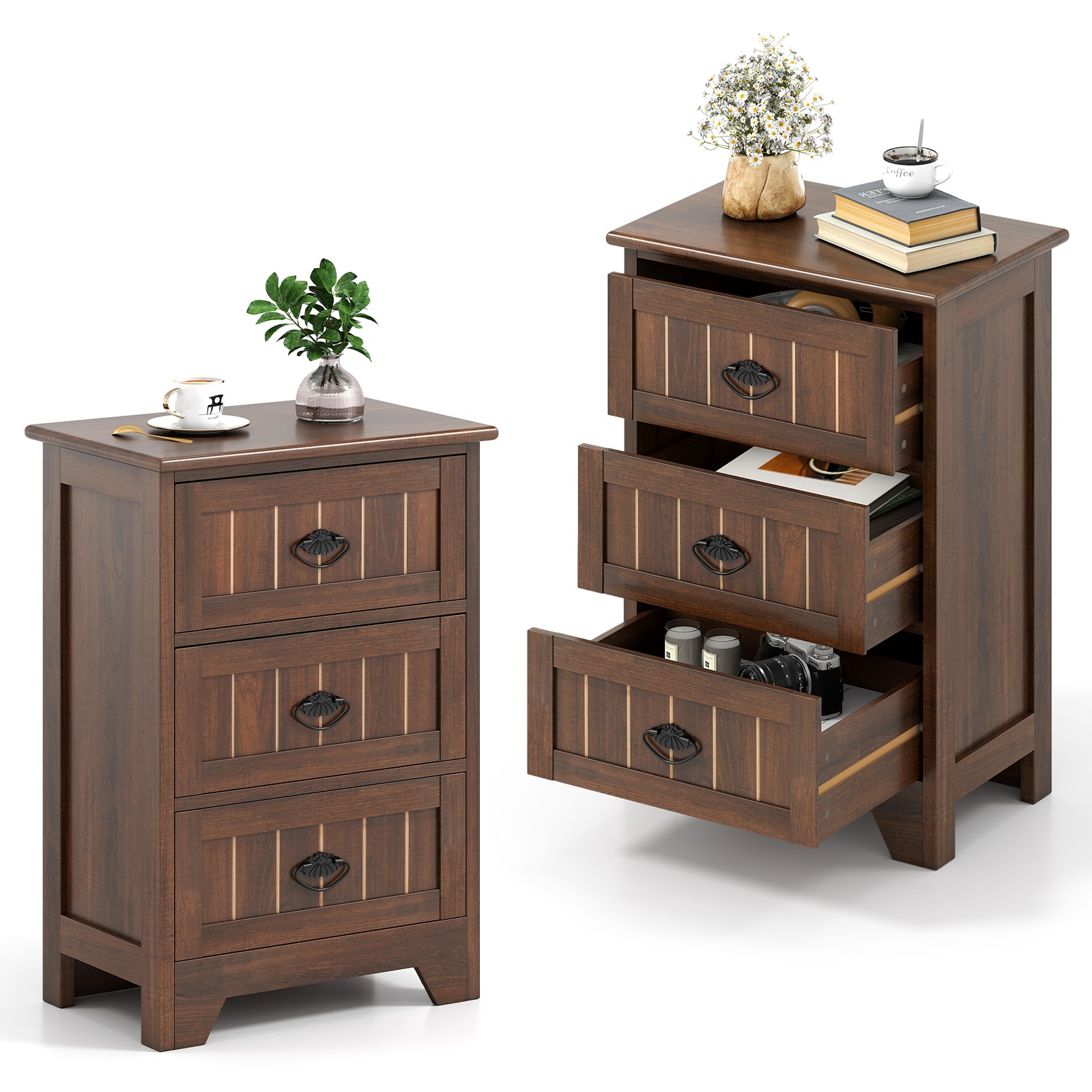 Gymax - 2PCS 3 Drawers End Table Nightstand Bedroom Storage Wood Slide - Brown