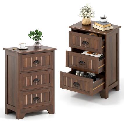 Front. Gymax - Gymax 2PCS 3 Drawers End Table Nightstand Bedroom Storage Wood Slide Brown - Brown.