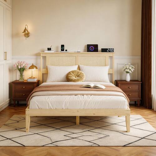 Alt View 8. Winado - Rattan Bed Frame with Rattan Headboard Boho Wooden Platform Bed with Charging Station and Underbed Storage for Bedroom - Natural, Full Size.
