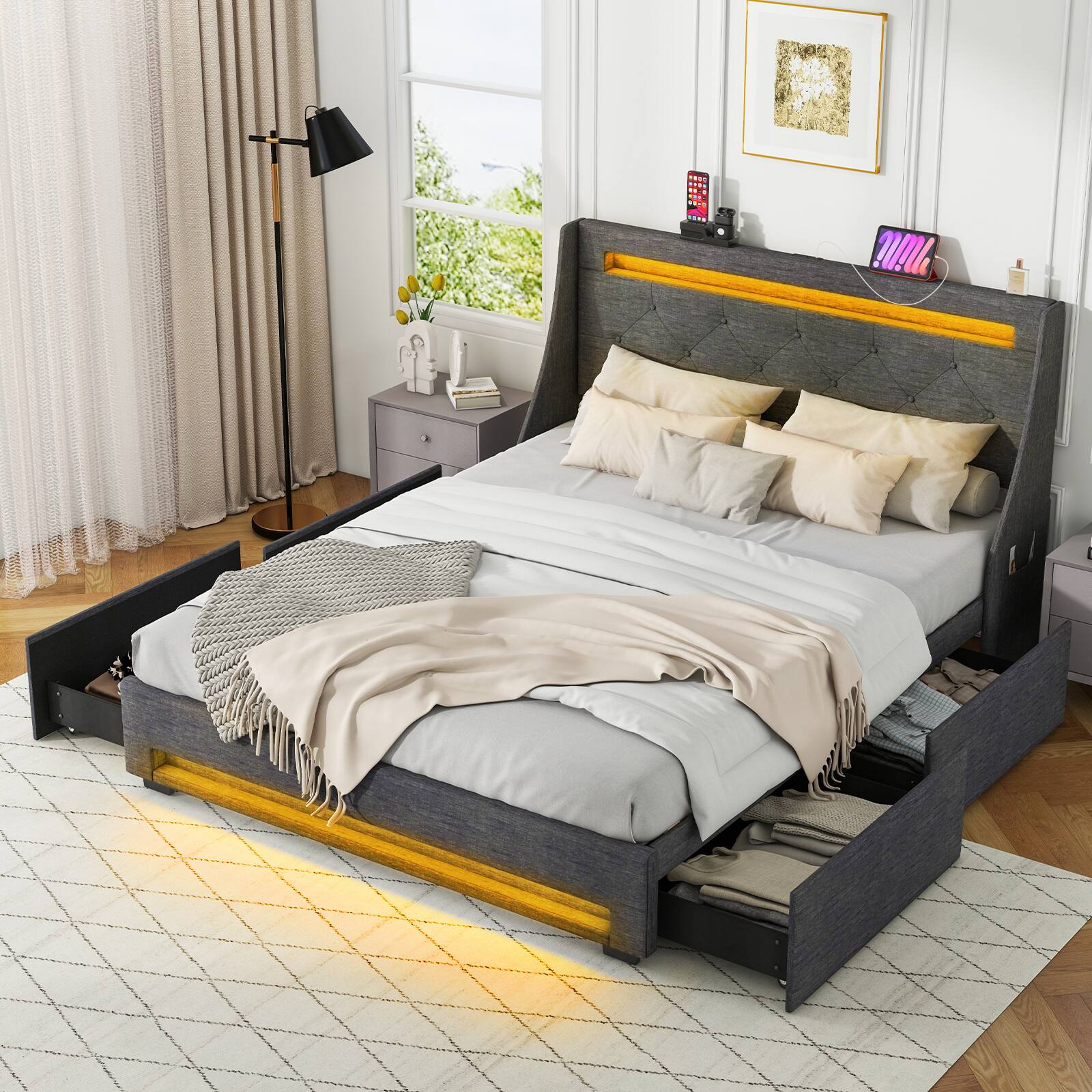 Alt View 6. LUCKY ONE - Full Assembled Platform Bed Frame with LED Lights Wingback Headboard Charging Station Storage Drawers - Grey.