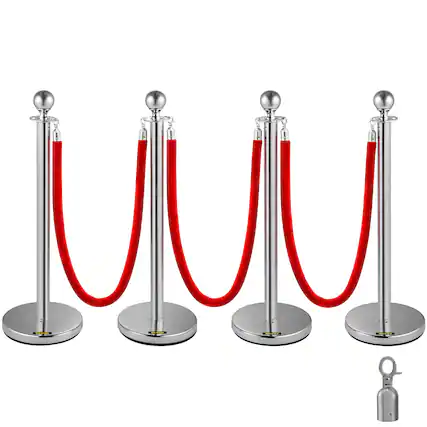 Front. VEVOR - Crowd Control Stanchion, Set of 4 Pieces Silver Stanchion Set, Stanchion Set with 5 ft/1.5 m Red Velvet Rope - Silver.