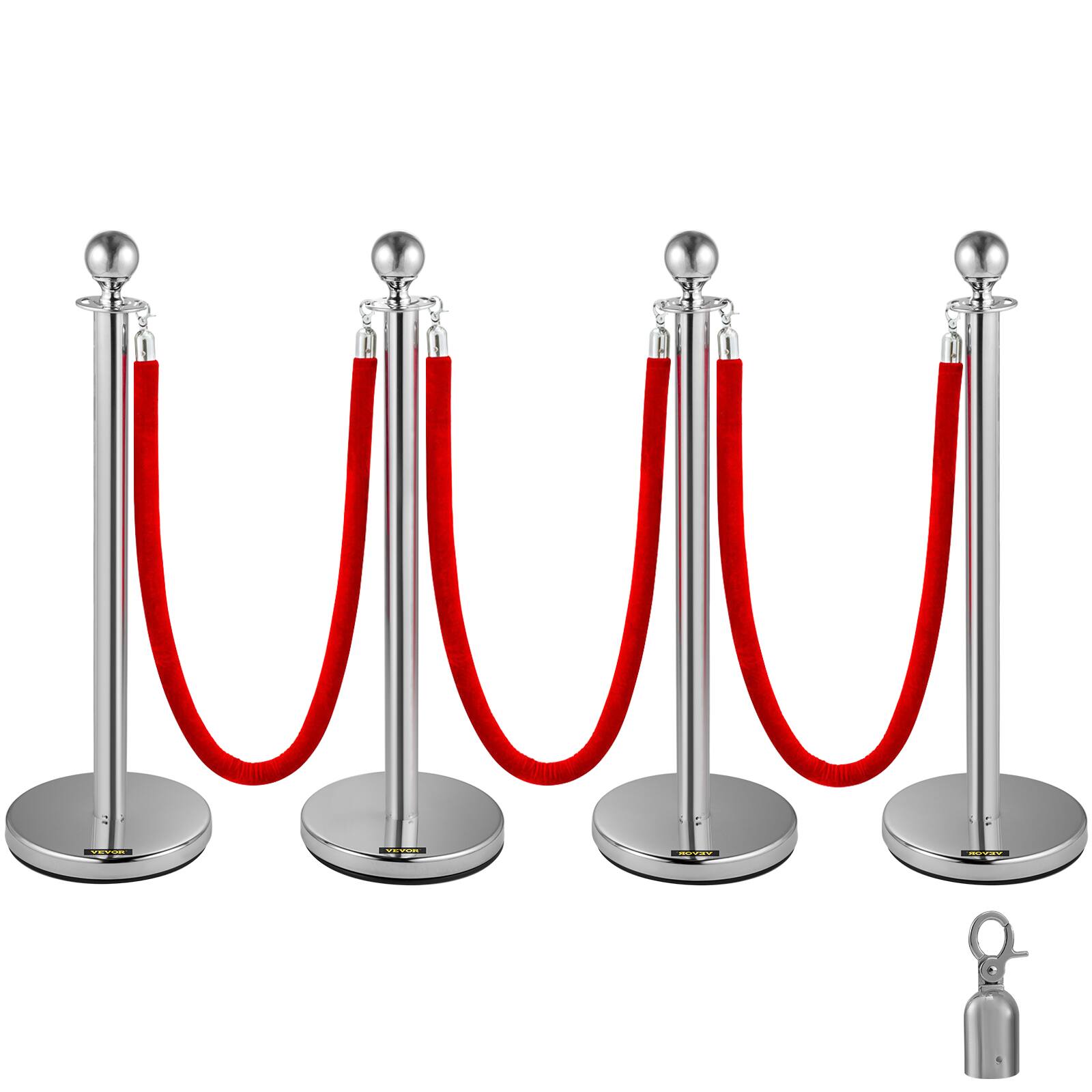 Front. VEVOR - Crowd Control Stanchion, Set of 4 Pieces Silver Stanchion Set, Stanchion Set with 5 ft/1.5 m Red Velvet Rope - Silver.