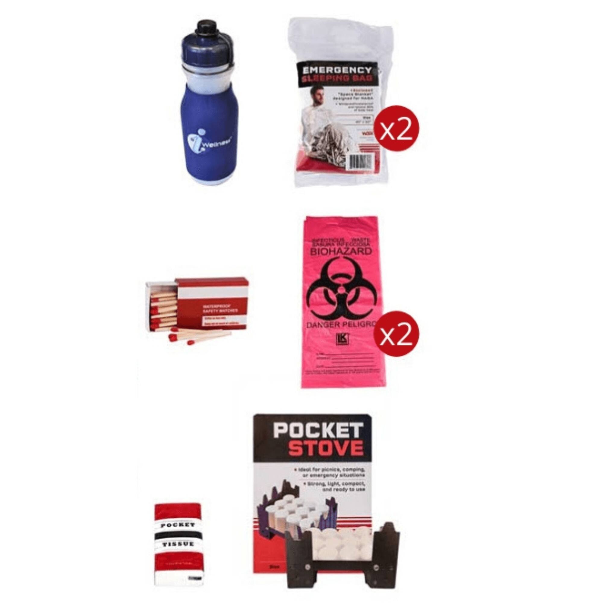 EMERGENCY SLEEPING BAG ea x2  
NECTOUS WASTE ZAGLHA  
AD OCOLA BIOHAZARD DANGER PELIGRO I x2  
POCKET STOVE - for pionics comping streng Lighe compart, ready to POCRET TISSUE