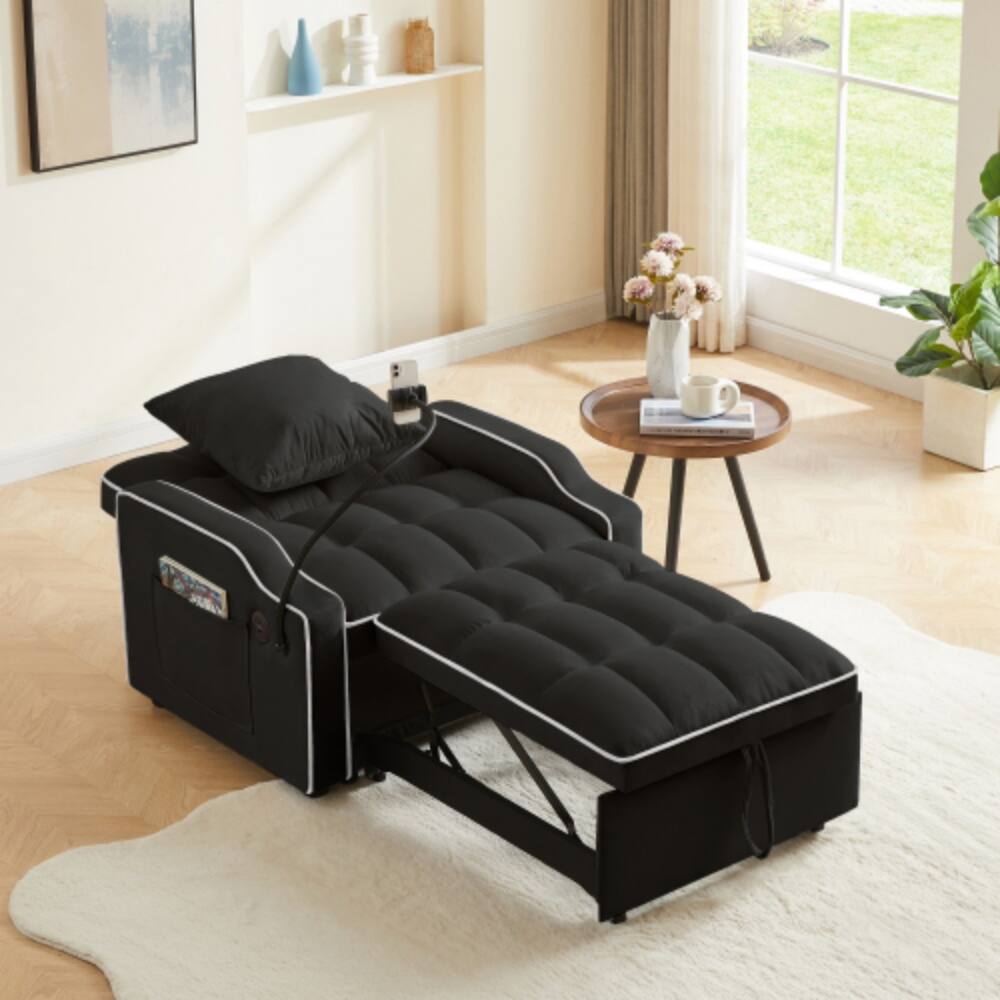Back. LUCKY ONE - 3-in-1 Convertible Sleeper Sofa Chair Bed w/ USB Type-C Phone Holder Side Pockets - Black.