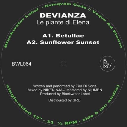 Sure, here is the corrected and grouped text from the image:
---
**DEVIANZA**
Le piante di Elena
**A1. Betullae**
**A2. Sunflower Sunset**
**BWL064**
---
**Blackwater Label**
**Nvmqvam Cede // Vsqve Ad Finem**
---
**Written and performed by Pier Di Sorte**
**Mixed by NIKENINJA // Mastered by NIUMEN**
**Produced by Blackwater Label**
**Distributed by SRD**
---
**Single-sided 12" - 33 1/2 RPM - side b (no audio)**
---