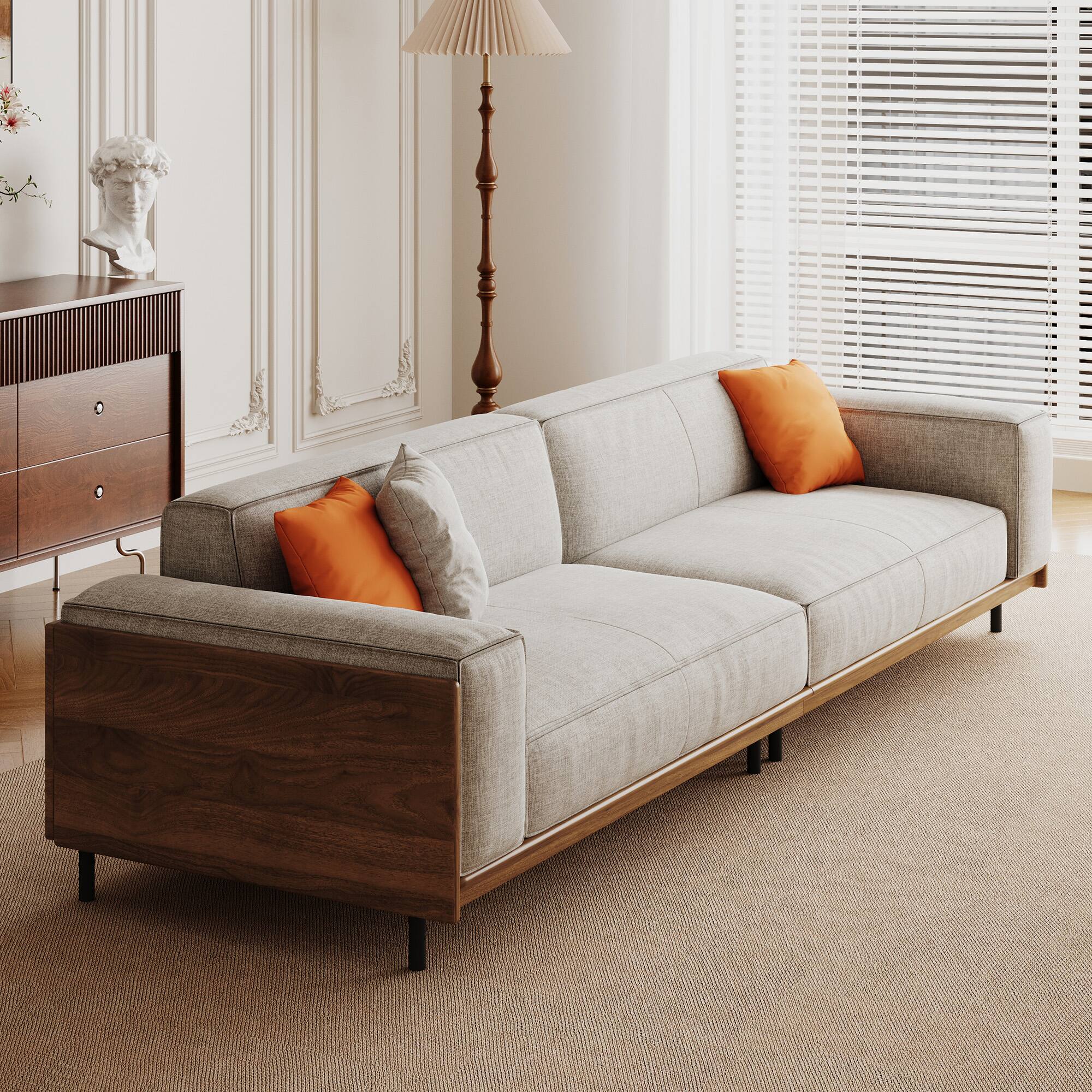 Back. luck idea - 111.81" Cotton-Linen Sofa, High-End Vintage Sofa, Sturdy Frame, Comfortable Seating, Four-Seater - Gray.