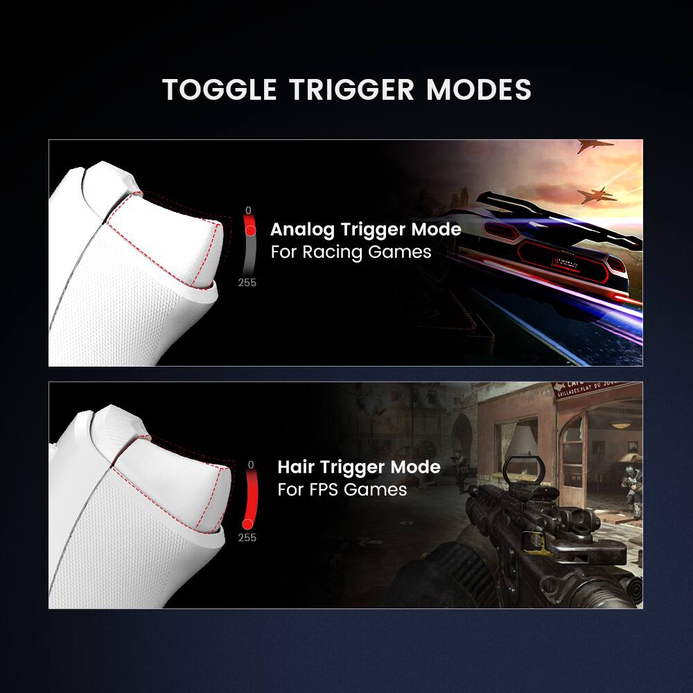 TOGGLE TRIGGER MODES

0 Analog Trigger Mode For Racing Games 24 255

0 Hair Trigger Mode For FPS Games 255