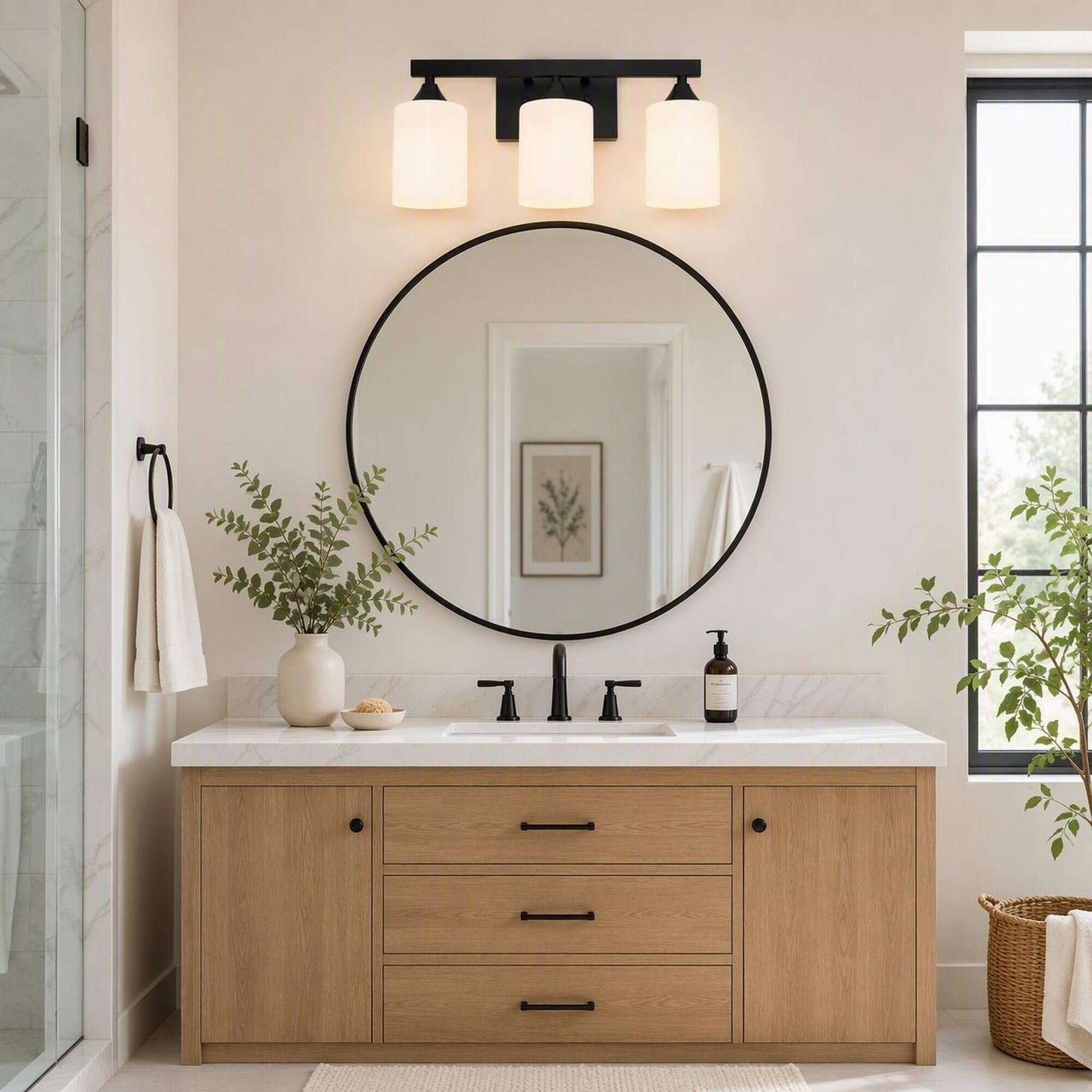 Angle. RYHNUYNE - Matte Black 3-Light Bathroom Vanity Light, Moisture-Resistant Metal Wall Sconce with Frosted Glass Shades.