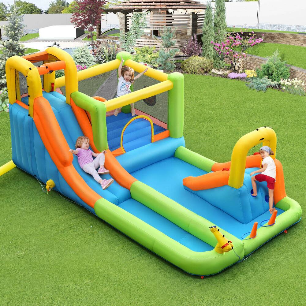 Left. SlickBlue - Kids 8-in-1 Inflatable Water Park with Slides and Bounce House, Blower Not Included - Green, Yellow, Orange, Blue.