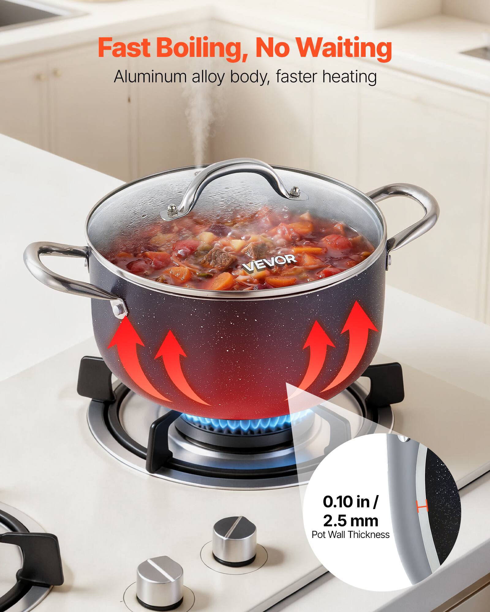 Fast Boiling, No Waiting  
Aluminum alloy body, faster heating  
0.10 in / 2.5 mm Pot Wall Thickness