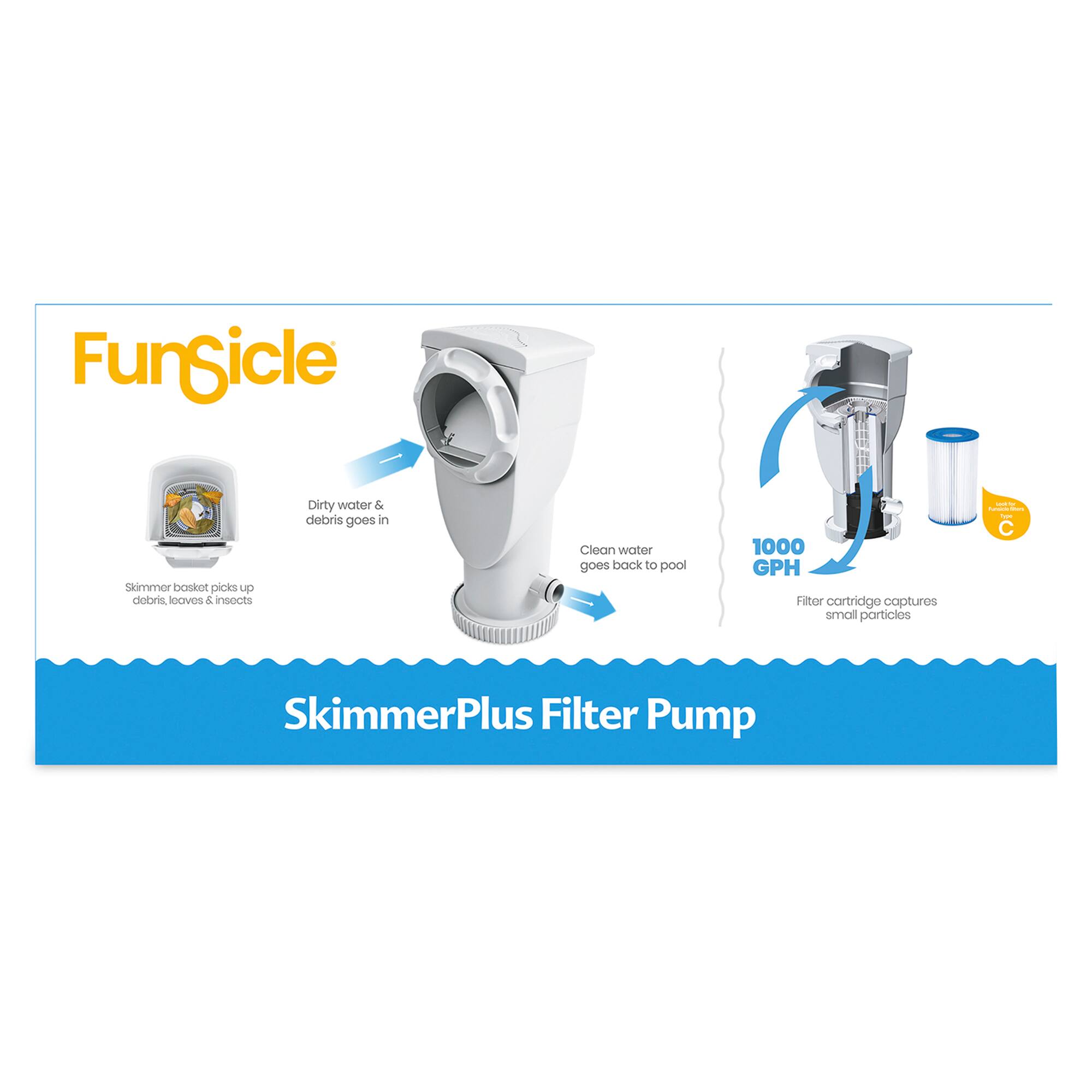 FunSicle  
SkimmerPlus Filter Pump  

Skimmer basket picks up debris, leaves & insects  
Dirty water & debris goes in  
Clean water goes back to pool  

1000 GPH  
Filter cartridge captures small particles