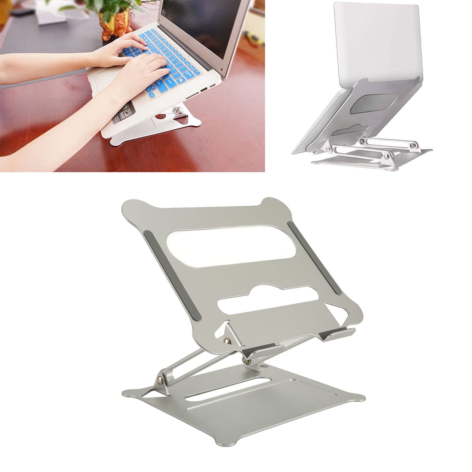 Alt View 1. HongFei - Laptop Stand, Aluminum Alloy Computer Stand, Folding Retractable Liftable Design, Hollow Structure for Cooling - Silver.