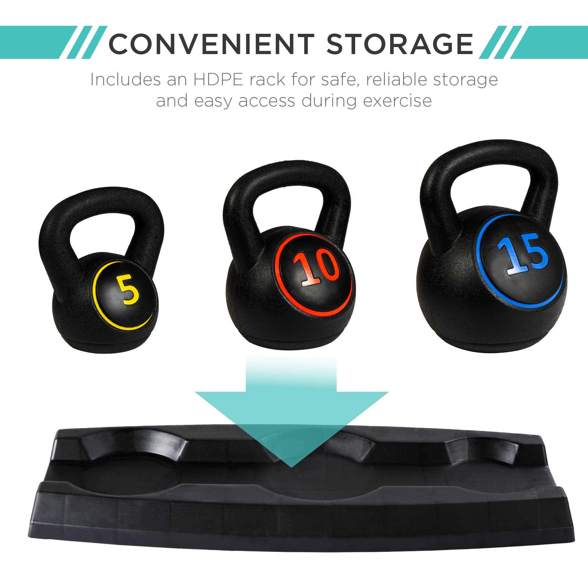CONVENIENT STORAGE  
Includes an HDPE rack for safe, reliable storage and easy access during exercise  

5  
10  
15
