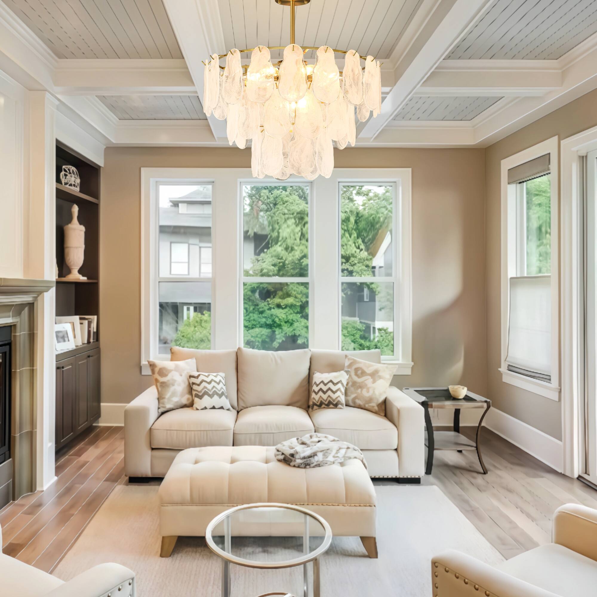 Angle. RYHNUYNE - 23.62" Modern Gold Chandelier 3-Tier Cloud Glass Pendant Ceiling Light with 9 Lights for Living Room Bedroom Dining Room.
