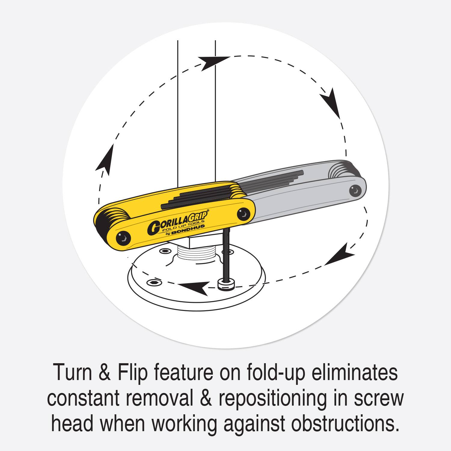 GORILLAGRIP ORILL AGRIP PENA - LP CULO GUHOHOB

Turn & Flip feature on fold-up eliminates constant removal & repositioning in screw head when working against obstructions.