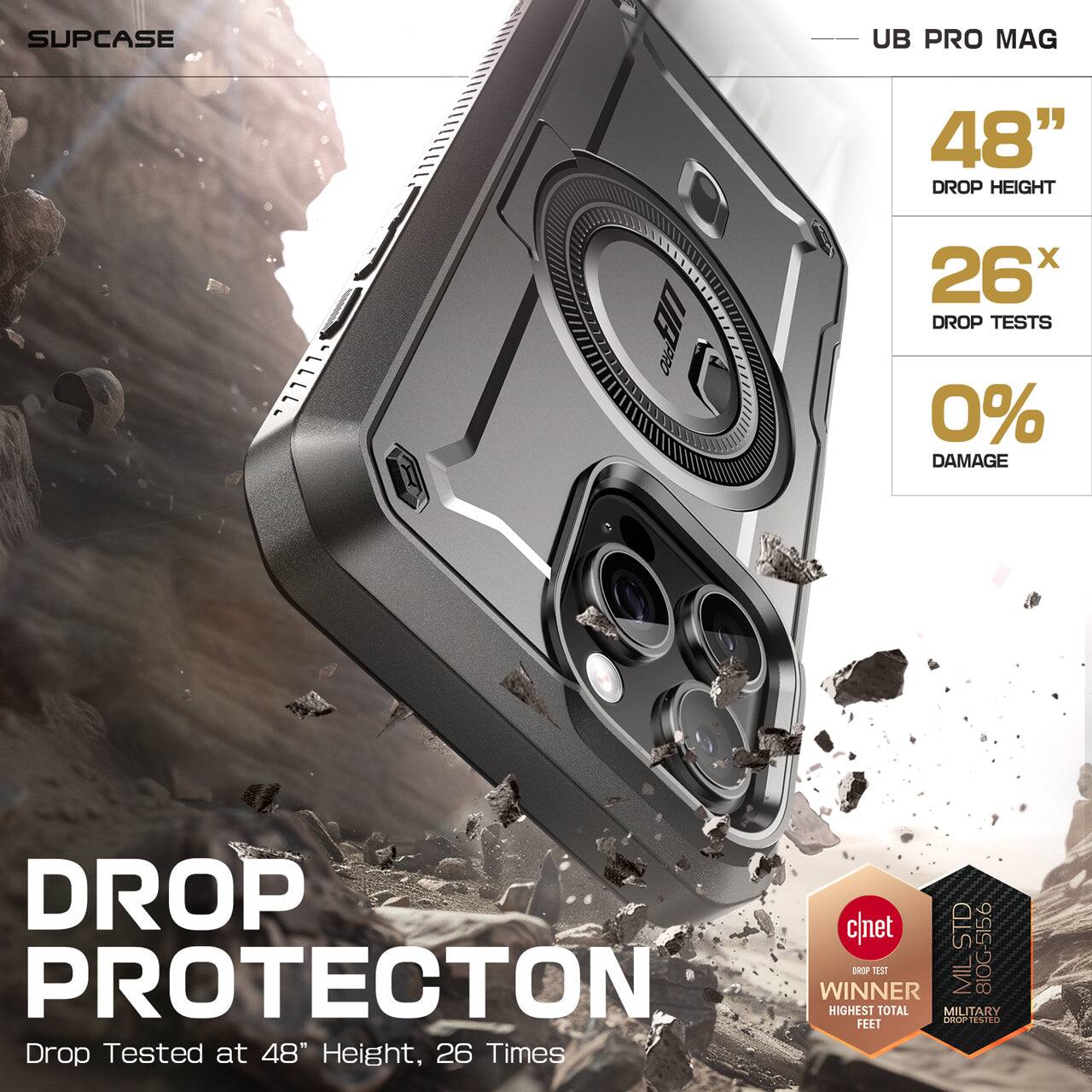 SUPCASE UB PRO MAG 48" DROP HEIGHT 26x DROP TESTS 0% DAMAGE DROP c/net SID PROTECTON WINNER EP MIL 8IOG-SI5. HIGHEST TOTAL MILITARY DEOP ESTED FEET Drop Tested at 48" Height, 26 Times
