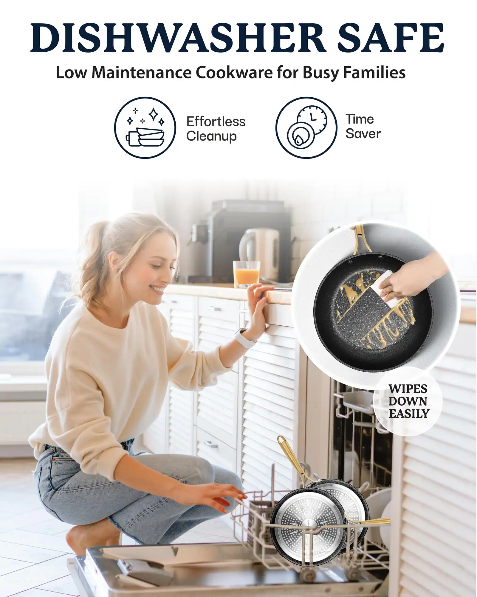 DISHWASHER SAFE  
Low Maintenance Cookware for Busy Families  

Effortless Cleanup  
Time Saver  

WIPES DOWN EASILY