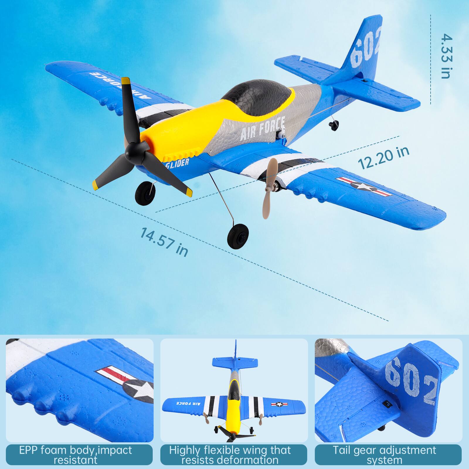 - Source: AIA Latete GLIDER
- Air Force 602
- 14.57 in
- 12.20 in
- 4.33 in
- EPP foam body, impact resistant
- Highly flexible wing that resists deformation
- Tail gear adjustment system