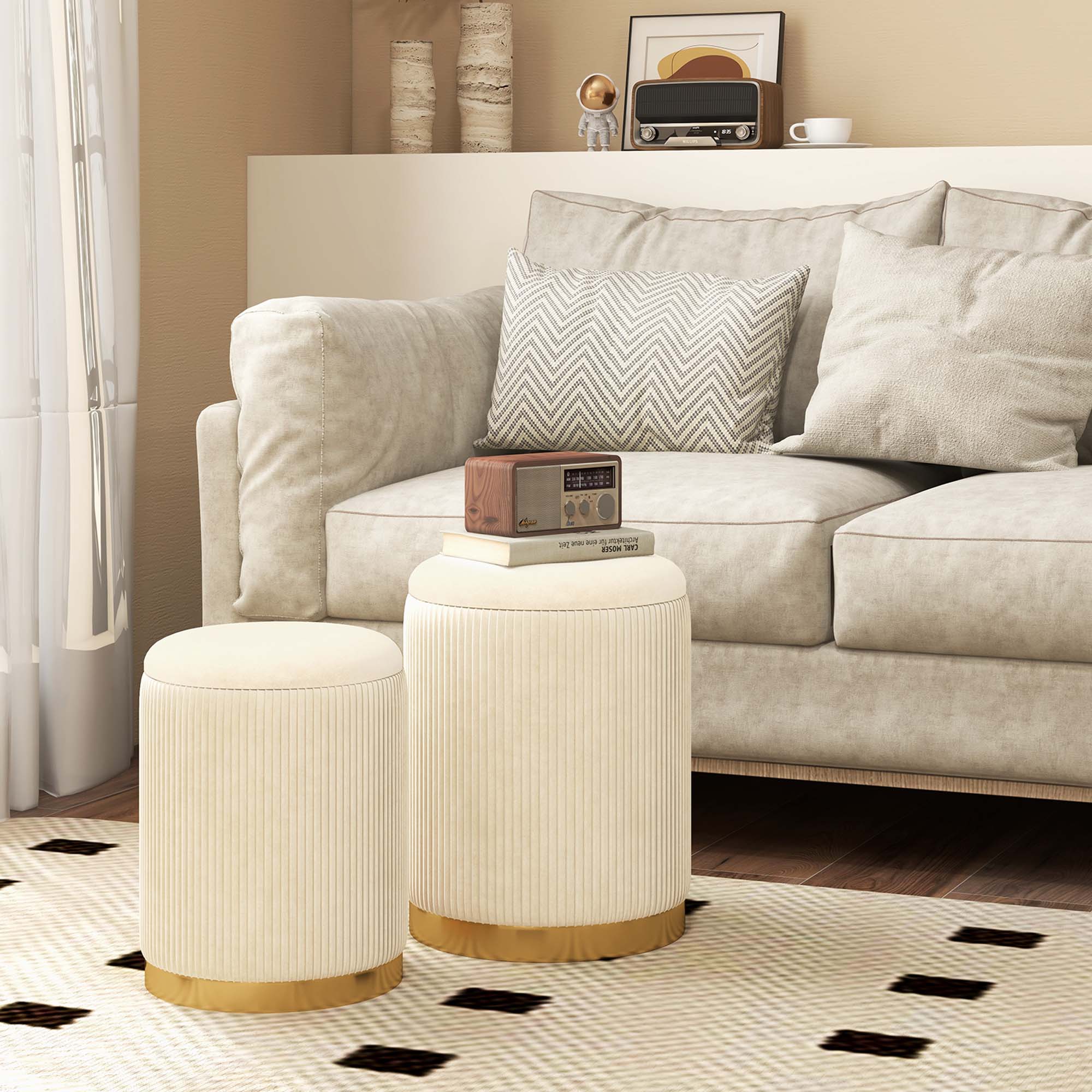 Alt View 1. Costway - Costway Velvet Storage Ottoman Set of 2 Modern Round Ottoman with Storage for Living Room - Beige + Golden.