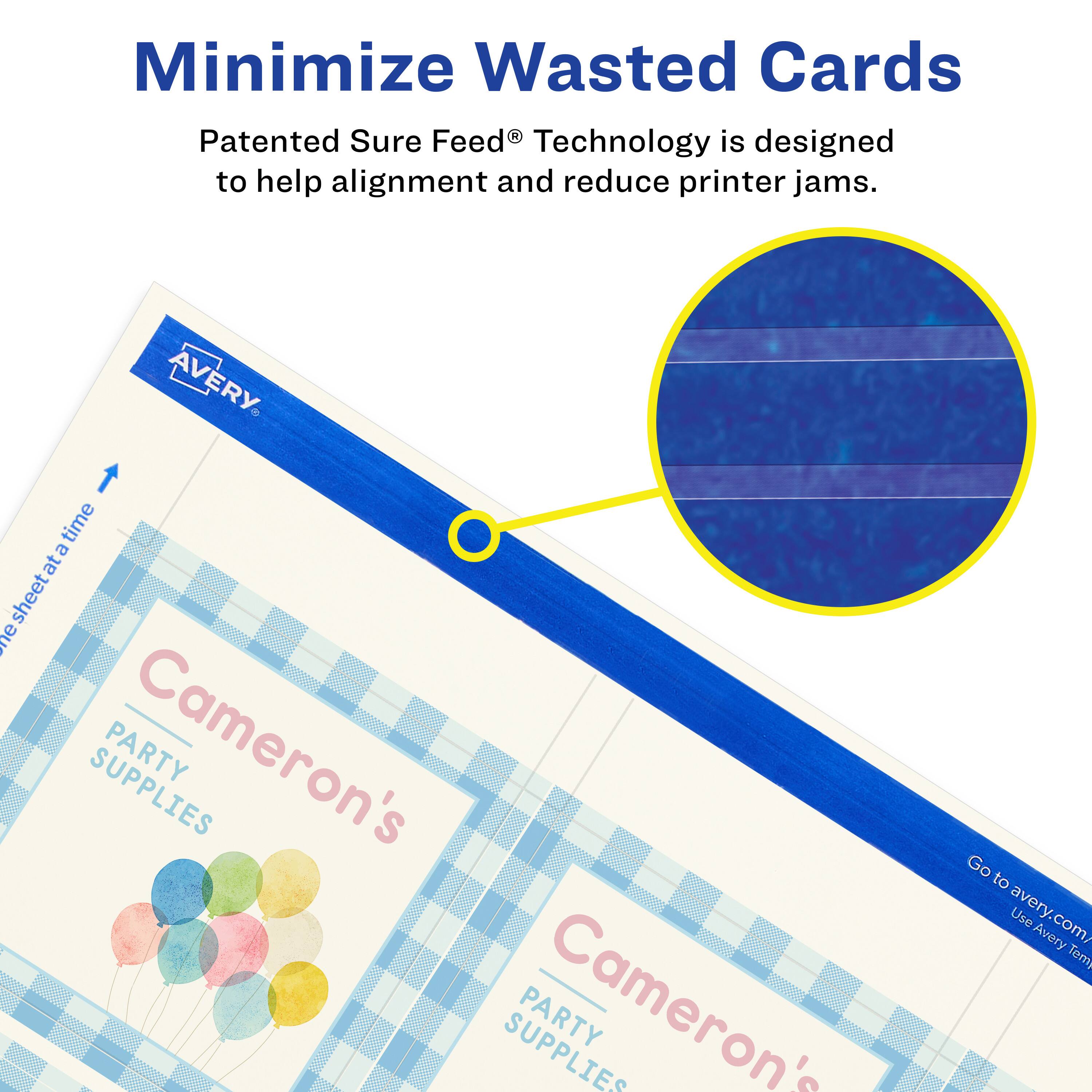 Minimize Wasted Cards

Patented Sure Feed® Technology is designed to help alignment and reduce printer jams.

AVERY

Cameron's PARTY SUPPLIES

Go to avery.com/ Use Avery Templates

One sheet at a time