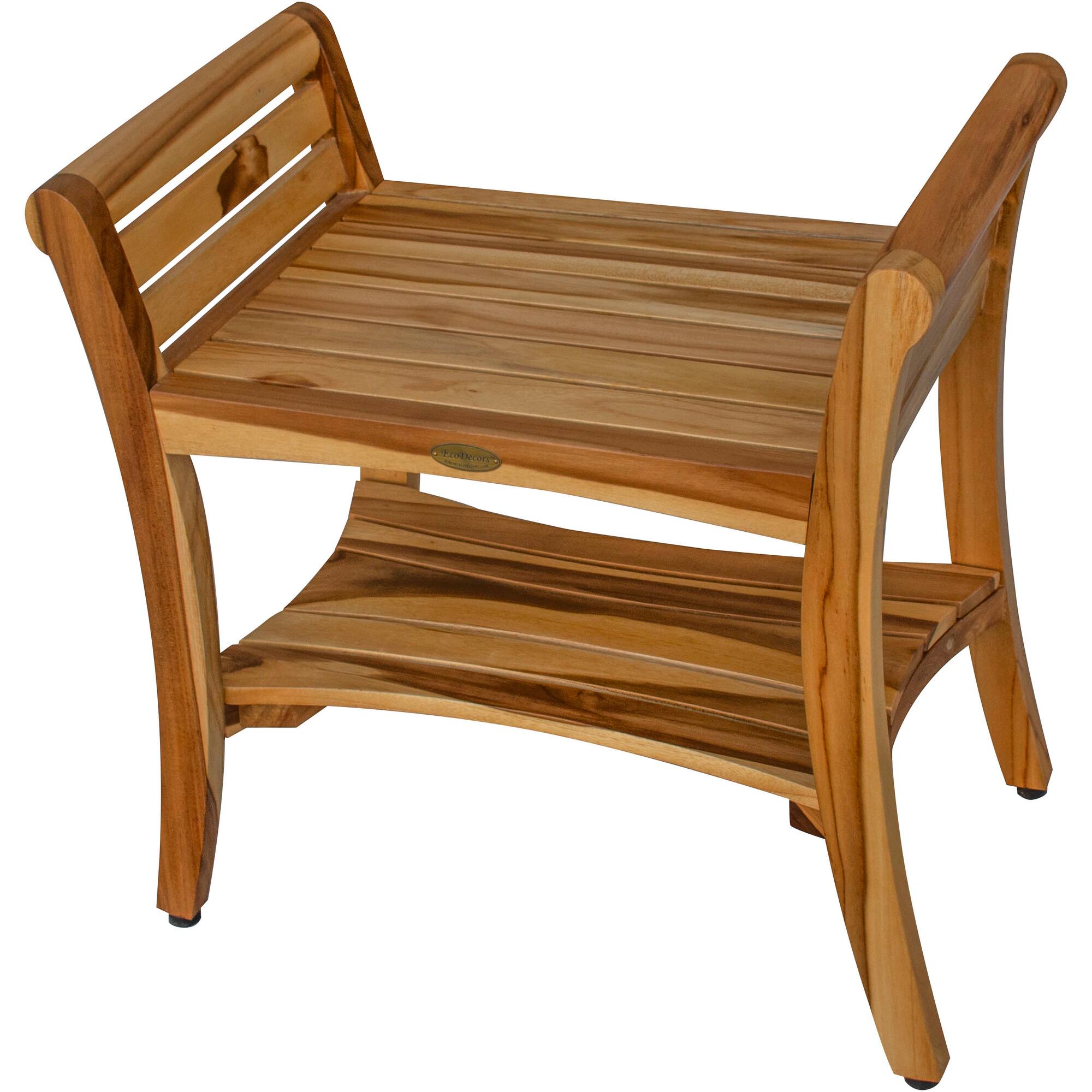 Alt View 1. EcoDecors - EcoDecors EarthyTeak Symmetry 24" Teak Shower Bench With Shelf And LiftAide Arms - EarthyTeak.