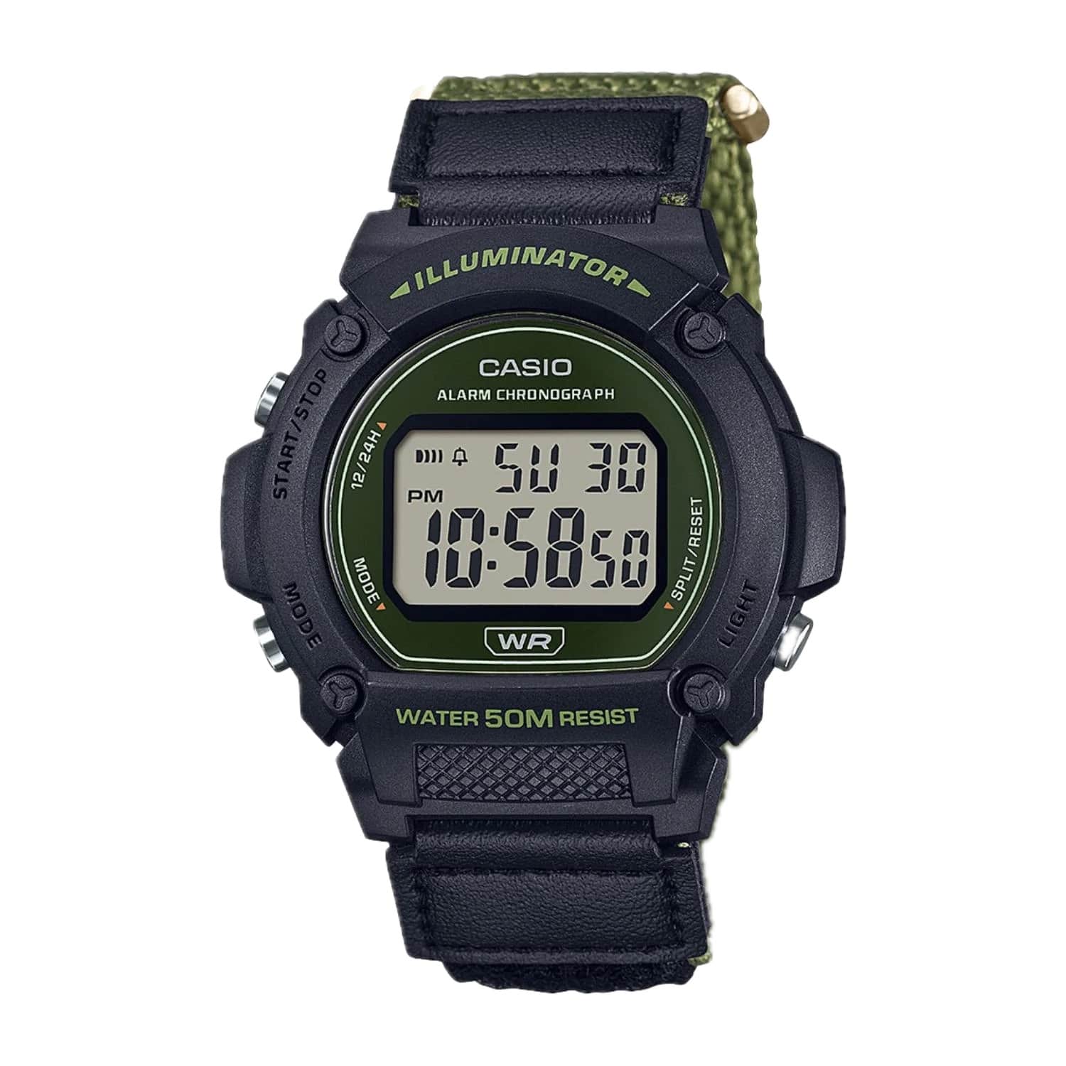 ILLUMINATOR 3  
CASIO ALARM CHRONOGRAPH  
START/STOP  
12/24H  
PM  
10:58:50  
RESET  
MODE  
SPLIT/RESET  
MODE  
WR LIGHT  
WATER 50M RESIST