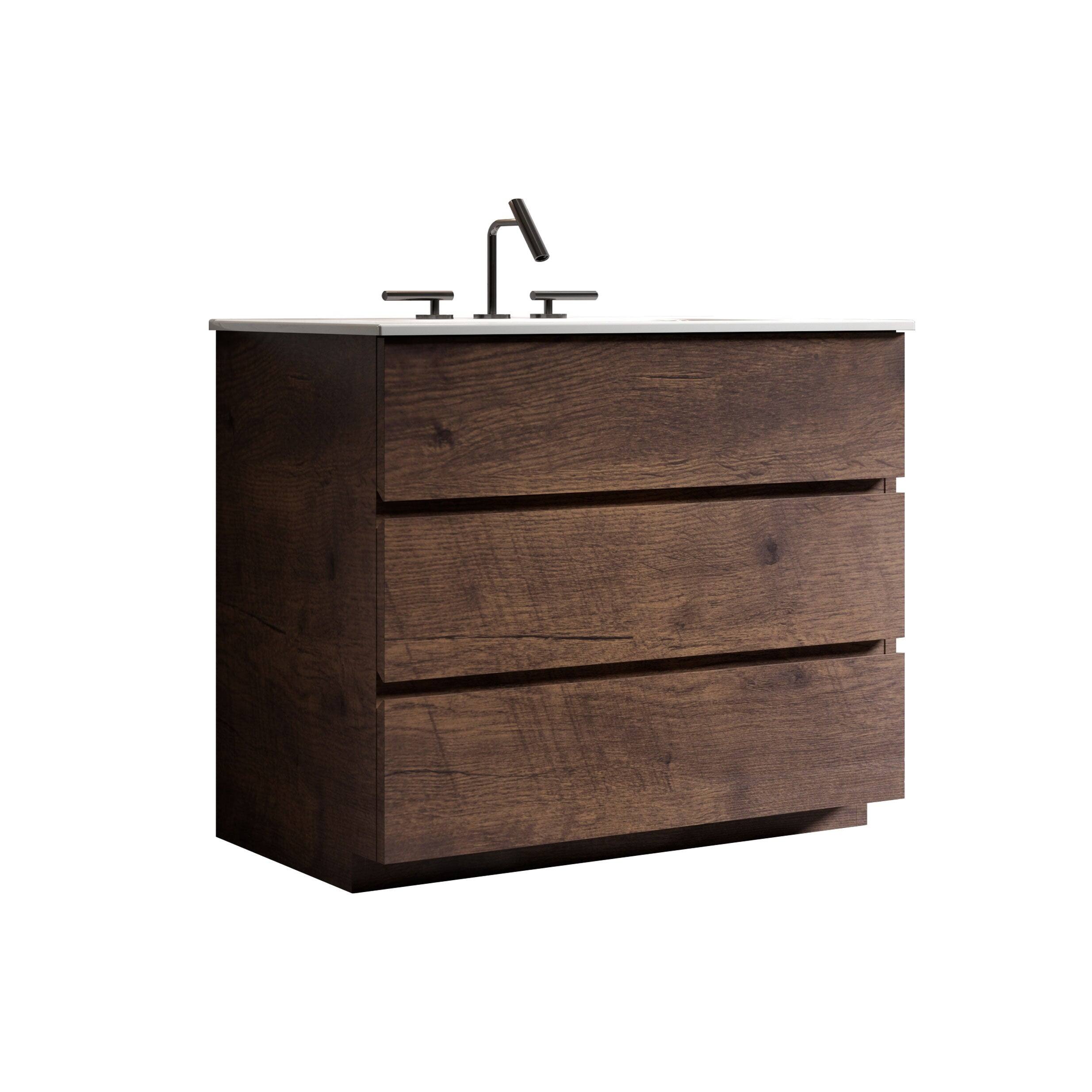 Alt View 4. Boyel Living - 36 Inch Walnut Bathroom Vanity with Sink, Large Storage, Freestanding Design, One-Piece Basin, Pre-Assembled - White+Walnut.