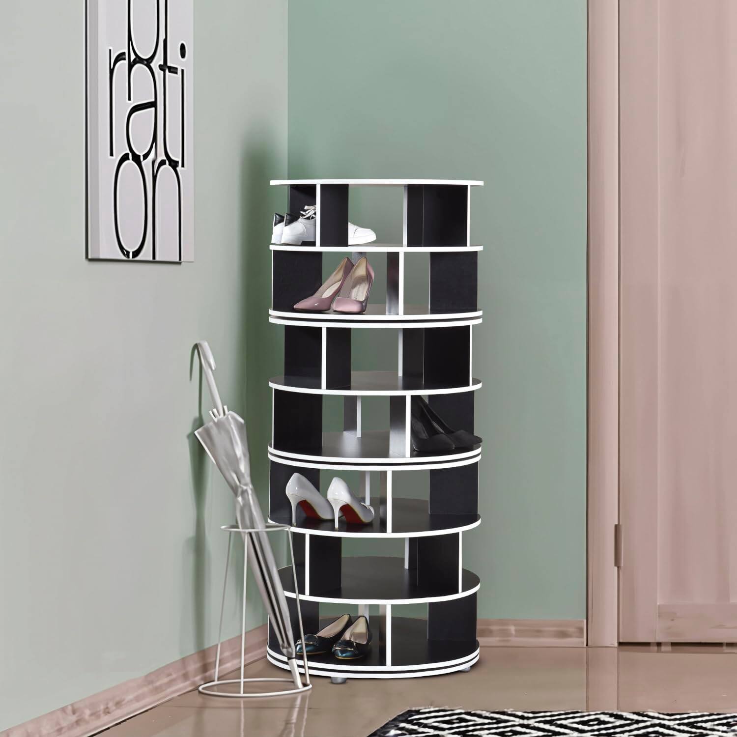 Alt View 5. Kings Brand Furniture - Kings Brand Furniture 7-Tier Rotating Shoe Rack, 360° Revolving Lazy Susan Spinning Shoe Rack Tower Storage Organizer - Black.