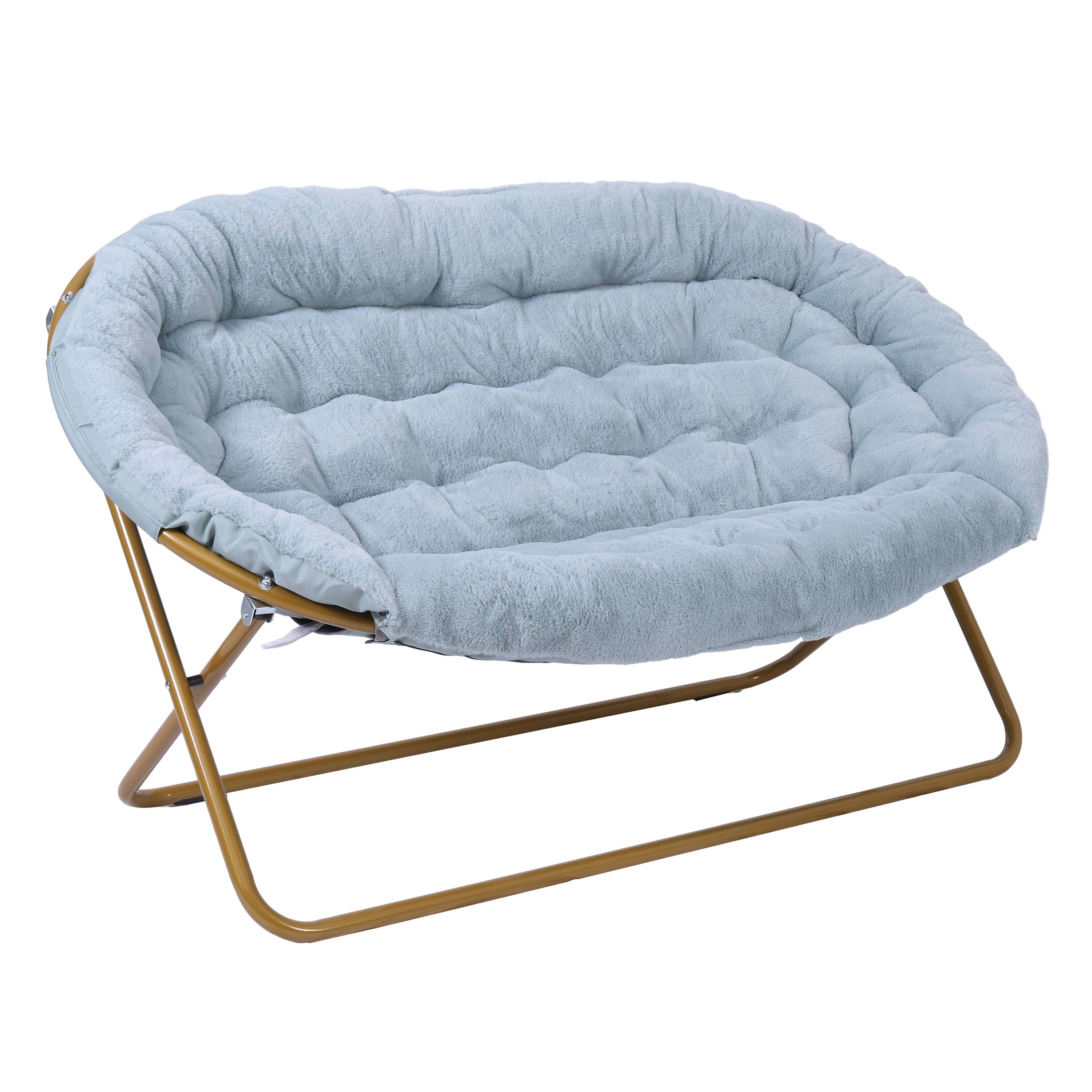 Alt View 9. Emma + Oliver - Janey Folding Double Saucer Chair with 2 Ottomans and Steel Frame for Dorm or Bedroom - Aqua Fabric/Soft Gold Frame.