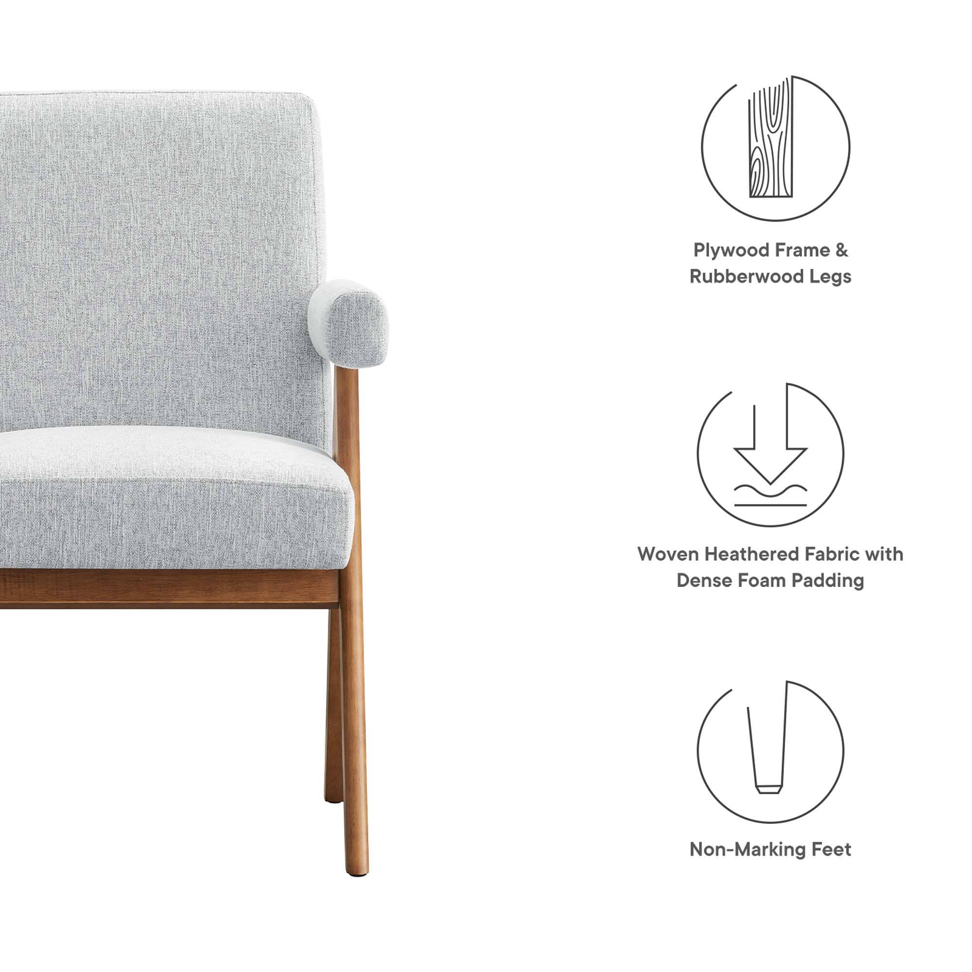 Plywood Frame & Rubberwood Legs  
Woven Heathered Fabric with Dense Foam Padding  
Non-Marking Feet